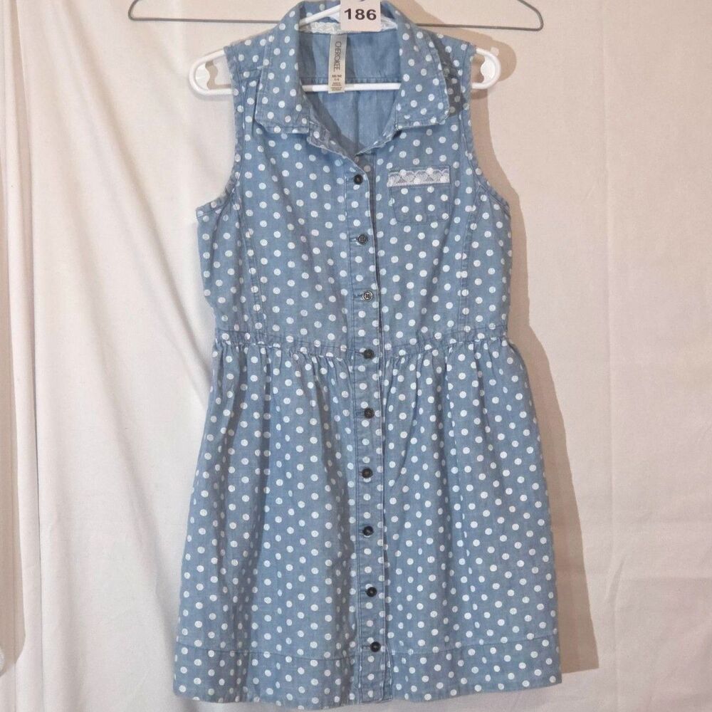 Cherokee Girls Polka Dot Chambray Shirt Dress White Lace Trim Sleeveless 7/8